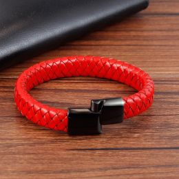 Красный кожаный плетеный браслет с магнитным замком